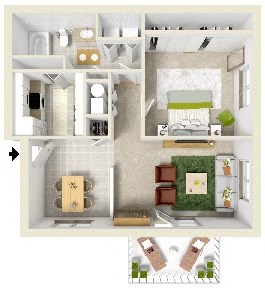 Floor plan for 1 bed, 1 bath, 750 sqft